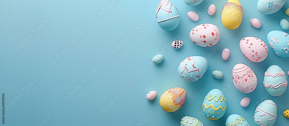 Fototapete light blue background for easter eggs banner with copy space image for text and various egg coloring
