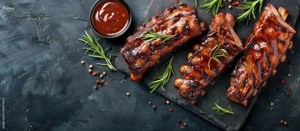 Poster pork ribs displayed on a stone backdrop with a blank space for text in the image. copy space image. 