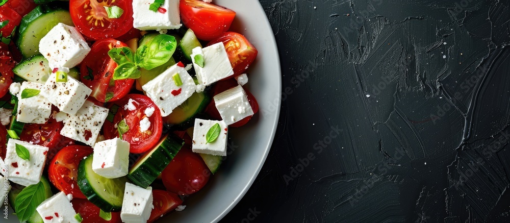 Aufkleber top view of a greek salad with feta cheese, providing ample copy space image.
