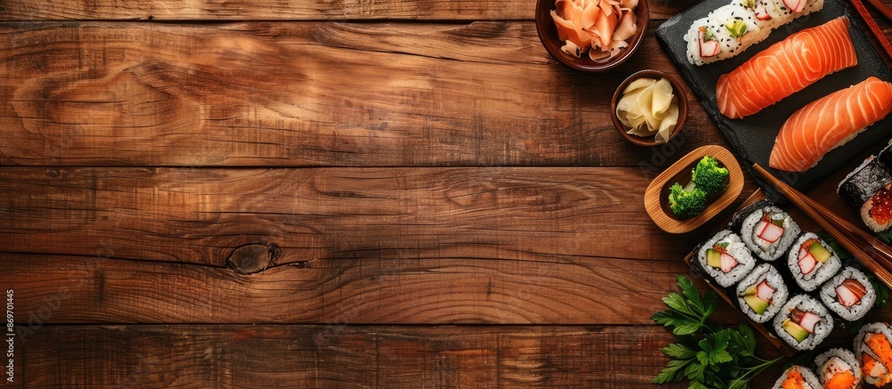 Poster Top view of sushi on a wooden table with ample copy space image.