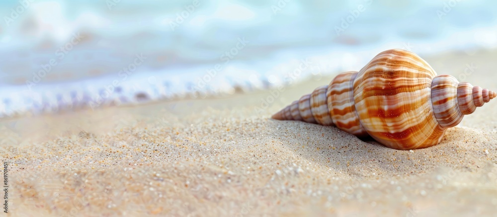 Aufkleber shell resting on sandy beach with available copy space image.