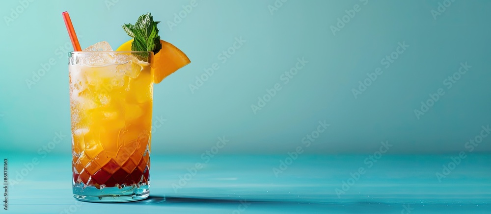 Poster a refreshing mai tai cocktail displayed on a blue background with ample copy space image.