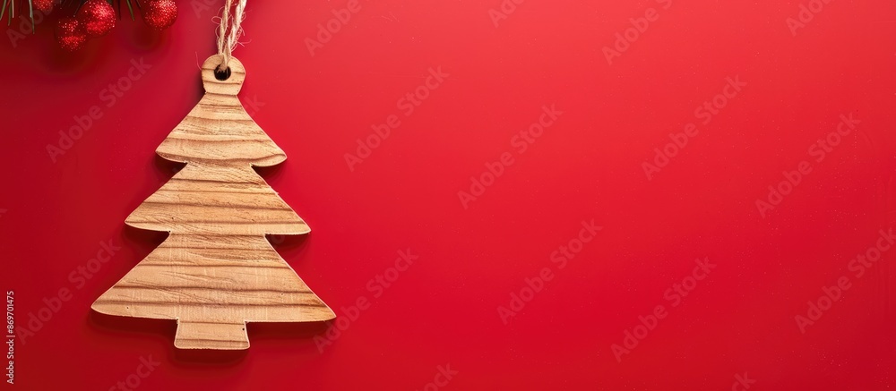 Aufkleber wooden christmas tree decoration on a red backdrop with room for additional images or text.