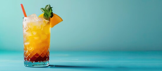 A refreshing mai tai cocktail displayed on a blue background with ample copy space image.