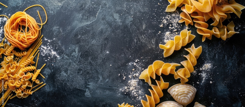 Poster Top down view of different types of pasta on a dark concrete backdrop, ideal for a cooking concept, with ample space for adding text or images.