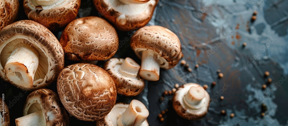Poster close-up view of brown mushrooms, including champignons, whole and cut in half, with ample copy spac