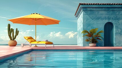 Fototapeta premium Vibrant Poolside Scene: Yellow Lounge Chairs, Pink Building with Yellow Door, and Tall Green Cactus.