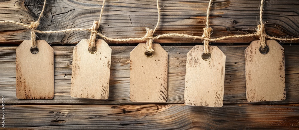 Poster wooden background adorned with paper tag labels providing copy space image.