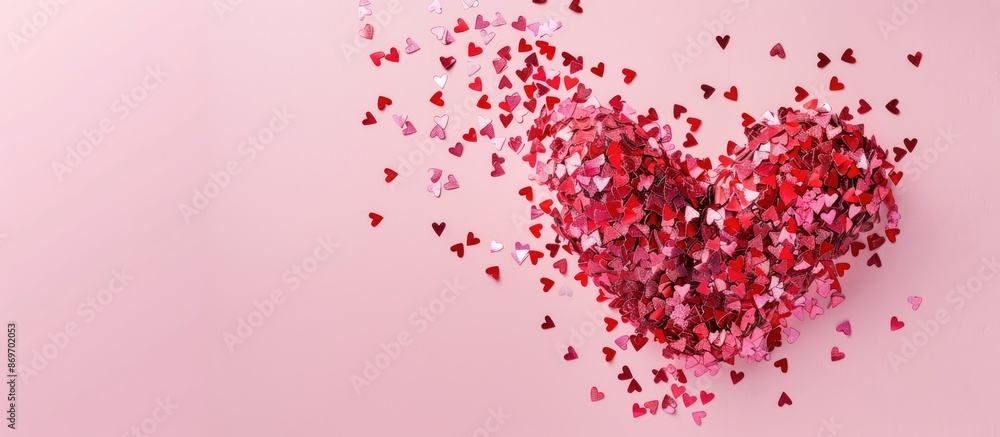 Poster confetti shaped red star heart on a pink backdrop with copy space image.