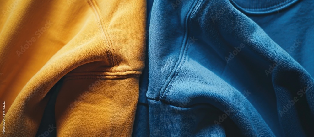 Poster close-up of two sweatshirts in blue and ochre colors with copy space image.