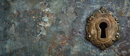 An antique brass keyhole cover displayed against a concrete backdrop with ample copy space for adding text to the image.