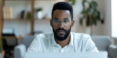 Man uses online education for personal and professional development through webinars. Concept Online Education, Professional Development, Webinars, Personal Growth, Lifelong Learning