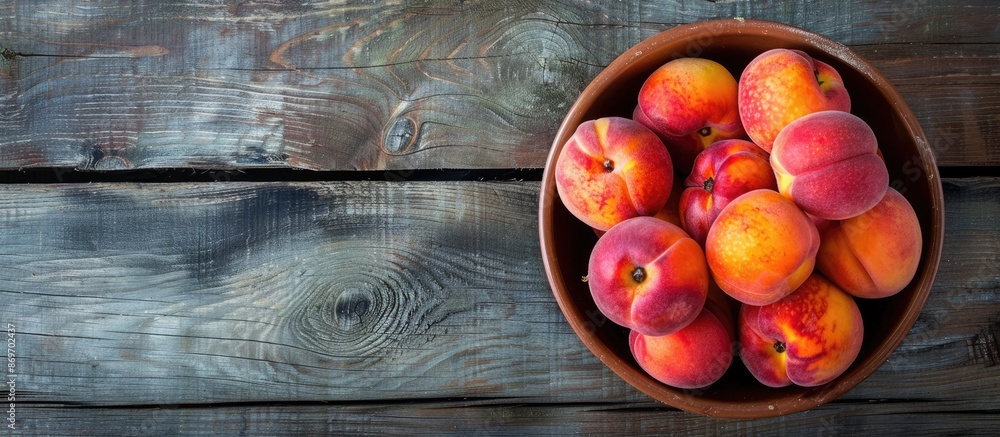 Poster top view of peaches in a bowl on a rustic wooden table with copy space image.