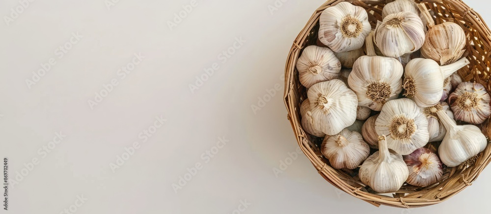 Poster A top-down view of garlic displayed in a rattan bowl against a white backdrop, featuring copy space for text alongside, emphasizing a cooking theme.