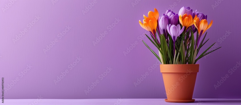 Poster A flower pot displaying crocuses is set against a purple backdrop with copy space image.