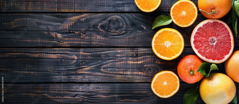 Aufkleber Panoramic top-view of fresh grapefruits and oranges on a dark wooden surface, showing wide copy space image for text.