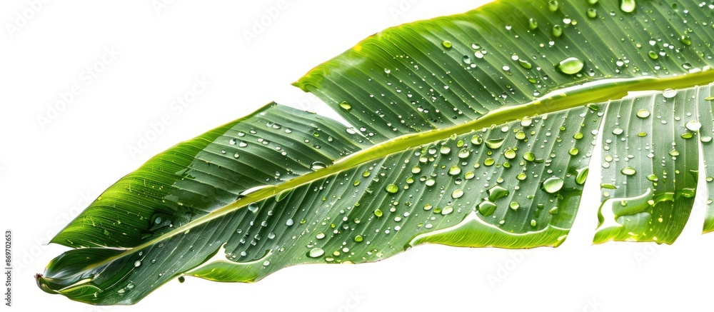 Aufkleber banana leaf with drops on a clear white backdrop, perfect for copy space image.