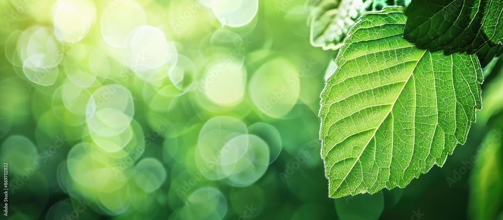 Aufkleber close-up of a green leaf against a blurred greenery backdrop in a garden with a copy space image, re