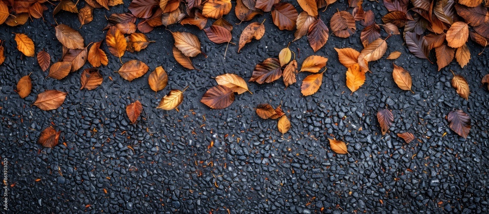 Poster dry autumn leaves scattered on the black asphalt road create an evocative image with empty space aro