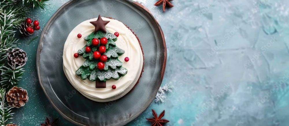 Poster Top view of a festive Christmas tree cake adorned with a chocolate star, red berries, on a gray plate set on a blue table, perfect for adding text or graphics in the copy space image.