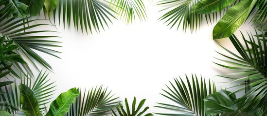 Copy space image of palm leaves frame on white background.