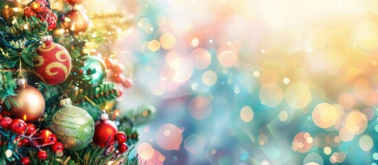 Festive template with Christmas decorations on a tree, ideal for the holiday season. Web banner showcasing ornaments with a backdrop of bokeh garlands, offering copy space image.