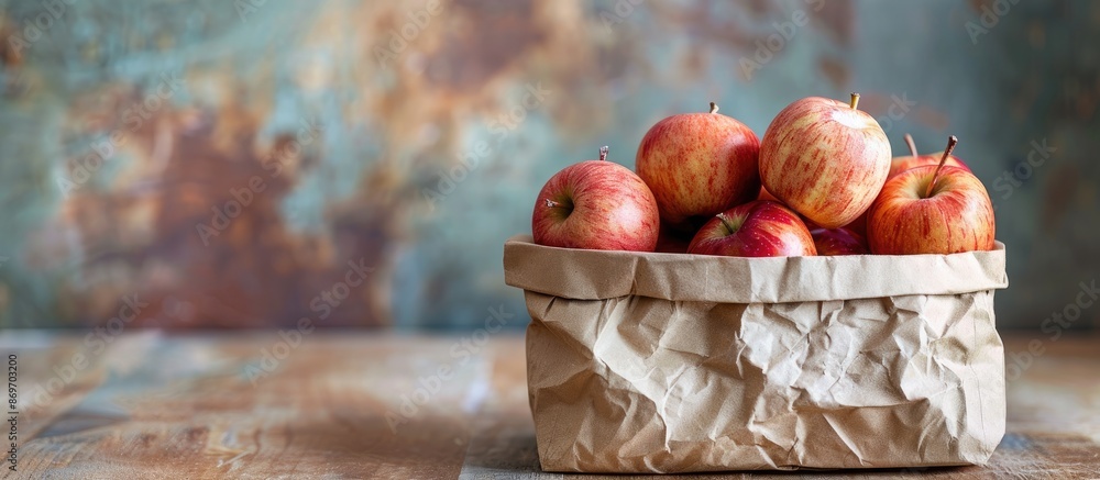 Aufkleber On a kitchen table, there is a paper bag filled with fresh and juicy apples, next to an empty space for text or other content in an image. Copy space image. Place for adding text and design