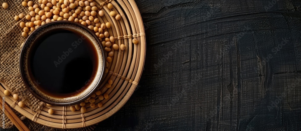 Poster Japanese soy sauce and uncooked soybeans in a copy space image.