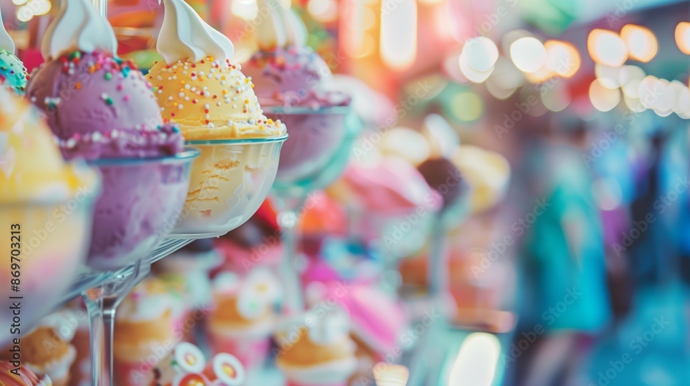 Poster background featuring colorful scoops of ice cream with sprinkles in a festive dessert display