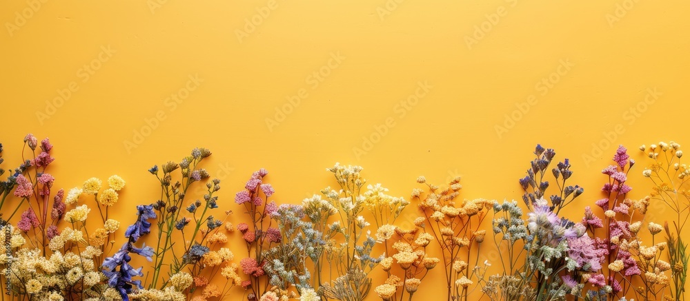 Leinwandbilder Dried flowers arranged in a frame on a yellow background for a flat lay top view with room for additional content in the image.