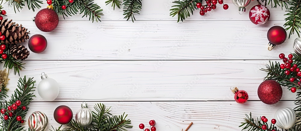 Poster Top-down view of a festive decoration arrangement on a white wooden backdrop with space for text or images. Copy space image. Place for adding text and design