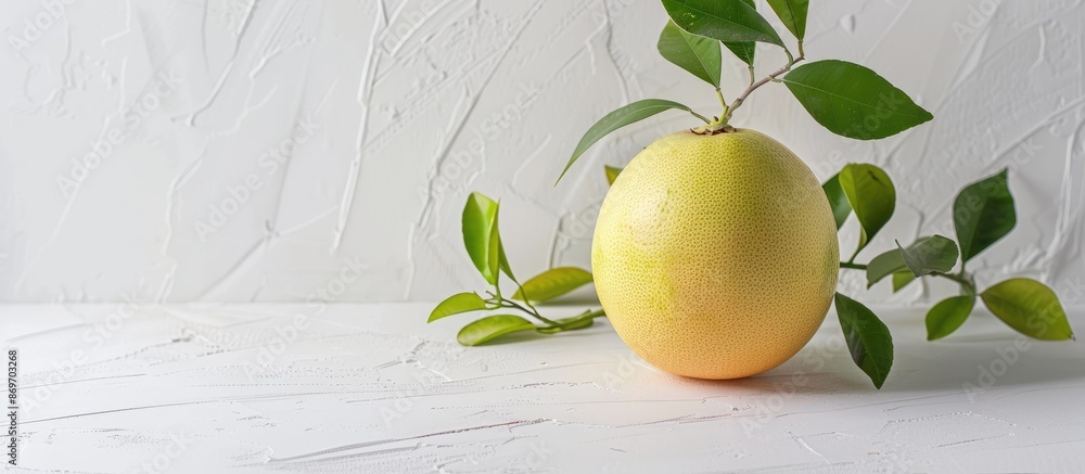 Poster a ripe pomelo fruit with fresh green twigs, placed on a white backdrop with copy space image.
