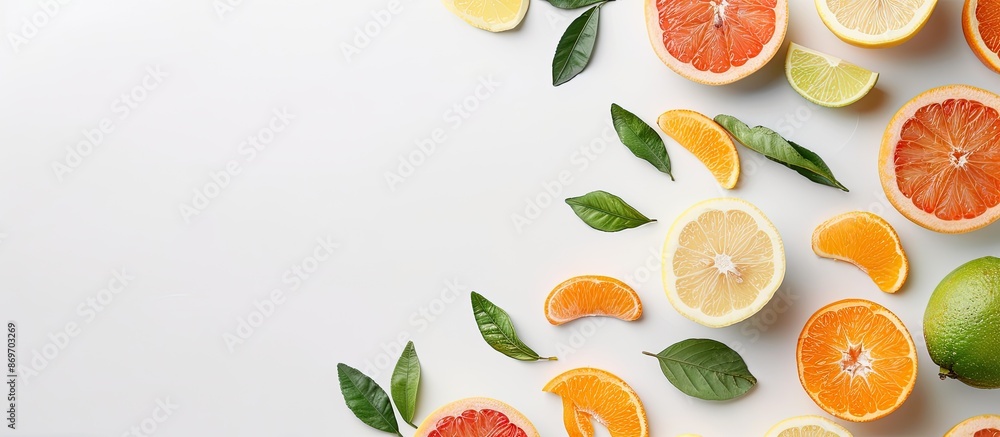 Poster Fresh and vibrant citrus fruits like grapefruit, orange, tangerine, and lemon creatively displayed on a white background with copy space image in a flat lay style viewed from the top.