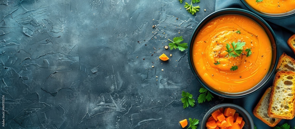Poster Top view image featuring dietary carrot puree soup with toast bread, with a free copy space.