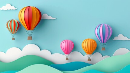 Colorful hot air balloons floating in sky with clouds and hills in origami technique