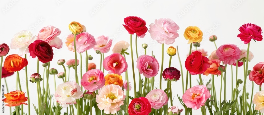 Poster Close-up of ranunculus flowers against a white backdrop with copy space image.
