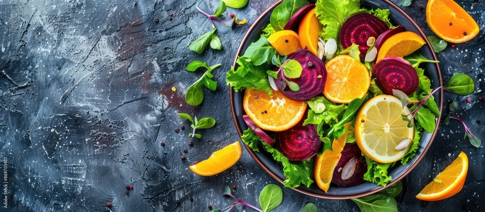 Aufkleber fresh and healthy citrus salad with beets and green leaf lettuce on a table with a food background, 