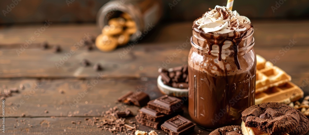 Poster indulgent chocolate milkshake topped with whipped cream, cookies, and waffles, presented in a mason 
