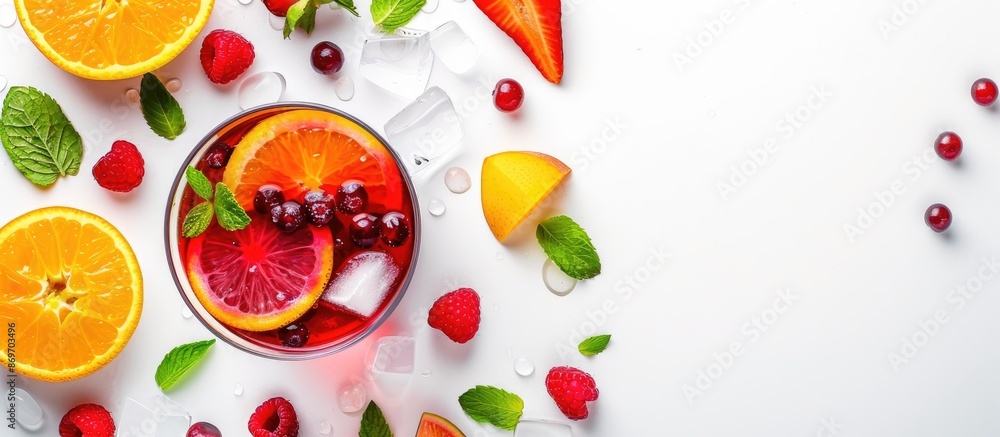 Poster sangria with fresh fruit slices on a white backdrop, ideal for a copy space image.
