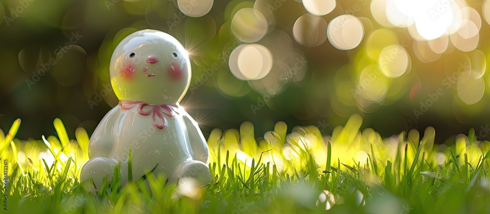 Poster a white and pink ceramic doll displayed on green grass with a blurred bokeh and sunlight background,