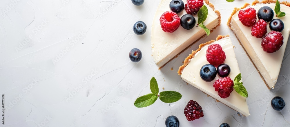 Aufkleber delicious cheesecake slices adorned with fresh berries on a serene white backdrop in a copy space im