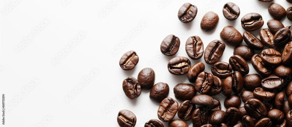 Aufkleber Coffee beans on a white backdrop with space for text, and focus on the beans. Copy space image. Place for adding text and design