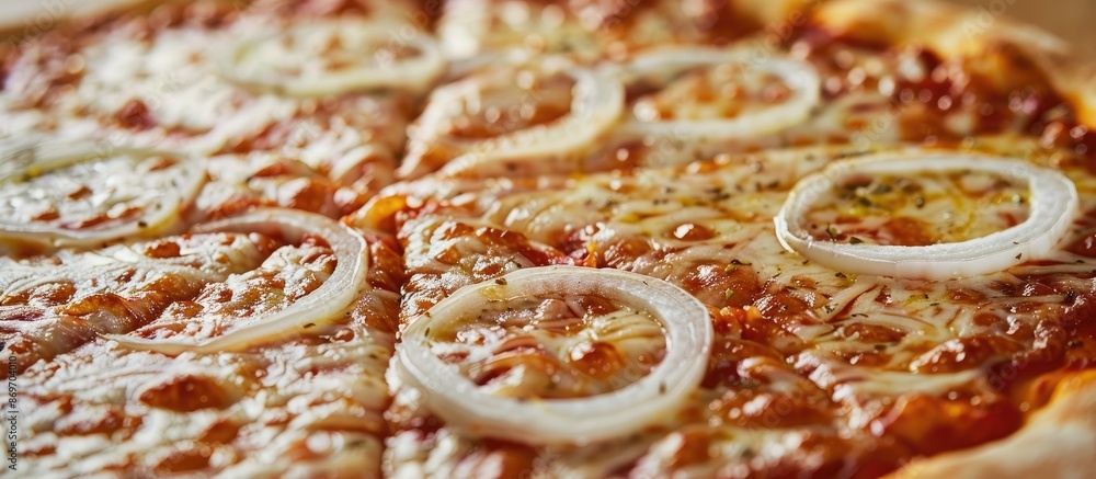 Poster delectable pizza topped generously with kasseri cheese and onion slices, showcased in a copy space i