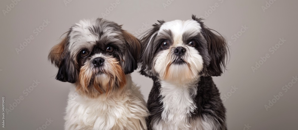 Aufkleber a studio shot of two shih tzu dogs on a grey backdrop with copy space image.