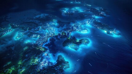 Fototapeta premium bioluminescent coral reef city viewed from above underwater metropolis glows with vibrant blues and greens schools of fish create living traffic patterns