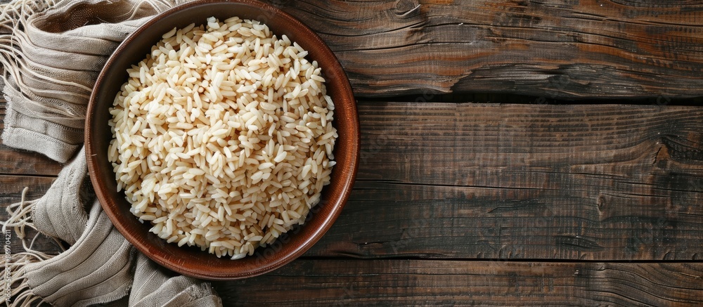 Poster table with a plate of cooked brown rice, offering ample copy space for adding text.
