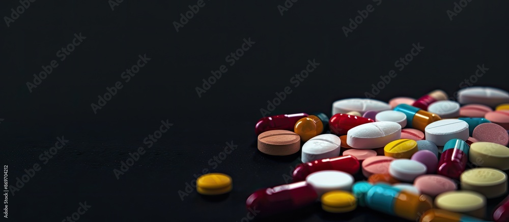 Poster medicine pills are displayed against a black backdrop with a large copy space image.