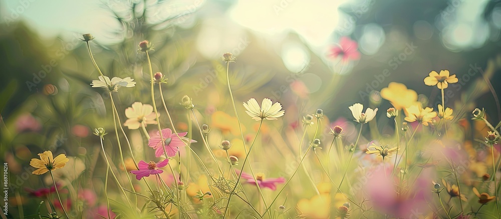Poster vintage style photo with soft lighting on numerous flowers and grass, highlighting copy space image 