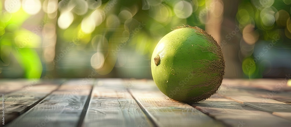 Poster A crisp, green coconut shown alone on a wooden surface, with blurred background effect and room for text or other images. Copy space image. Place for adding text and design