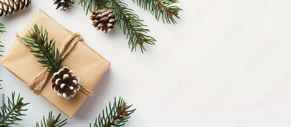 Aufkleber christmas-themed background featuring a gift box, pine branch, and cone on a white backdrop. top vie